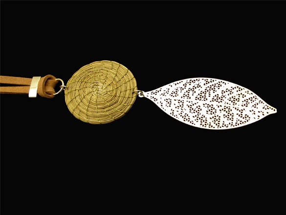 Long synthetic leather necklace with Golden Grass and leaf